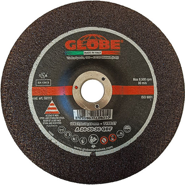 GLOBE DISCO DA SBAVO A CENTRO DEPRESSO D.MM180X7,0X22,23 INOX/ACCIAIO