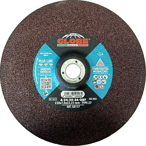 GLOBE DISCO DA SBAVO A CENTRO DEPRESSO D.MM230X7,0X22,23 INOX/ACCIAIO