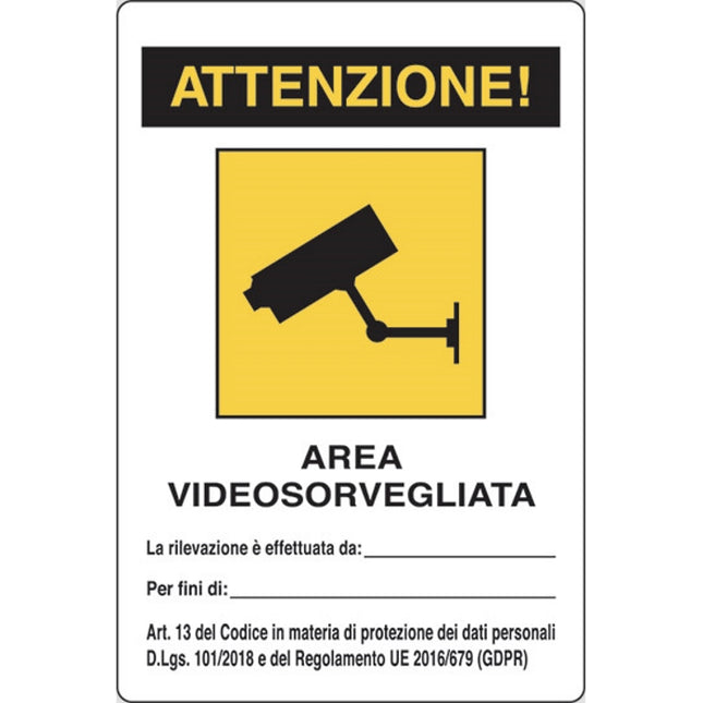 SEGNALE ATTENZIONE AREA VIDEOSORVEGLIATA IN ALLUMINIO MM300X200