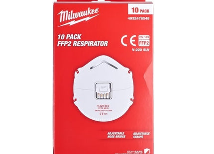 MILWAUKEE RESPIRATORE MONOUSO CON VALVOLA FFP2 NR D CONF.DA PZ10