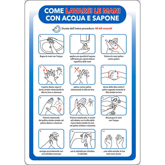 SEGNALE COME LAVARSI LE MANI CON ACQUA E SAPONE IN ALLUMINIO MM300X200